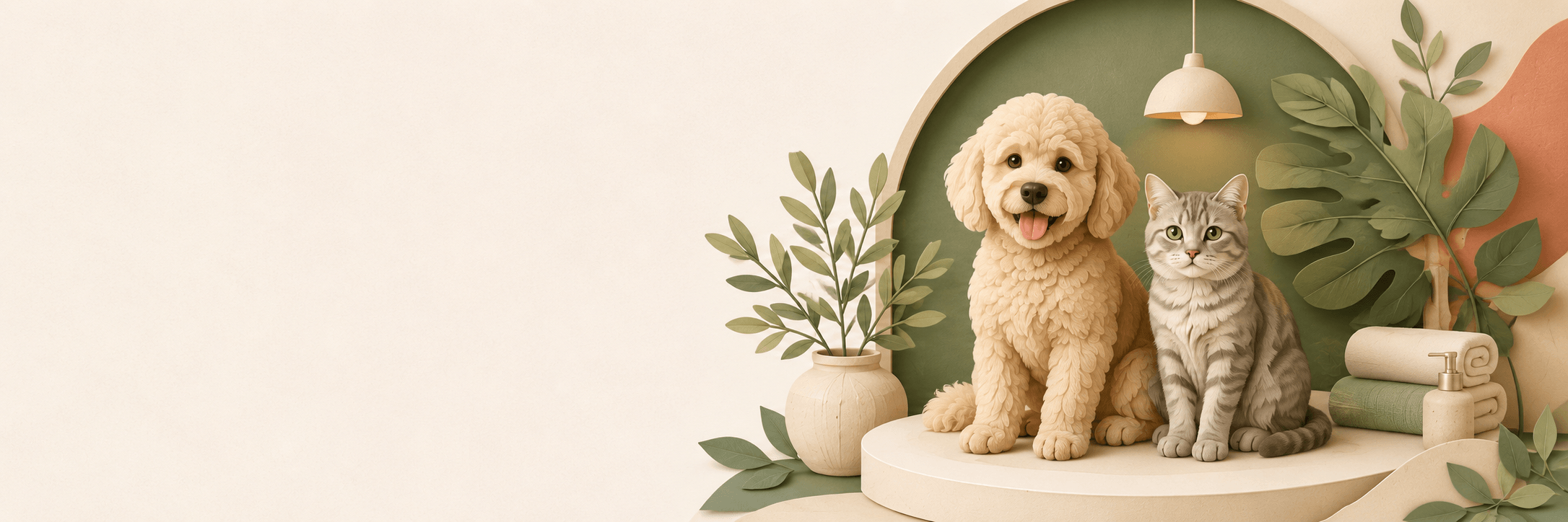 Cão e gato num ambiente spa calmo